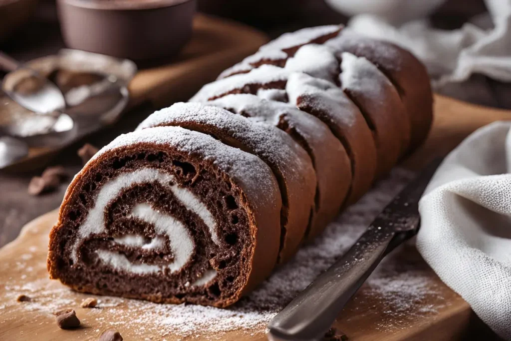 Rolled choco roll with powdered sugar