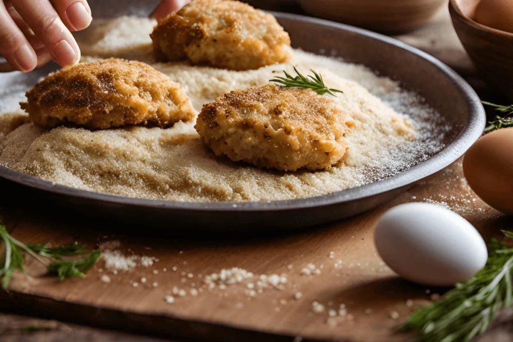 Chicken being breaded step-by-step