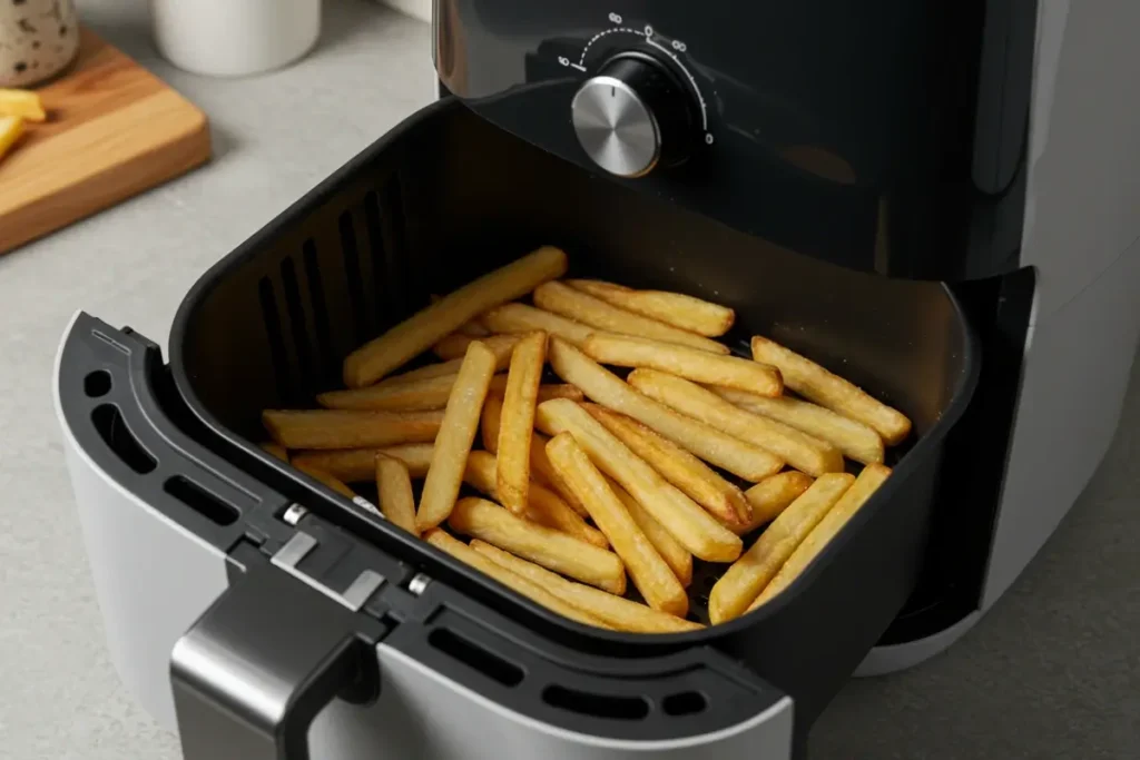 Frozen French fries cooking in an air fryer basket.