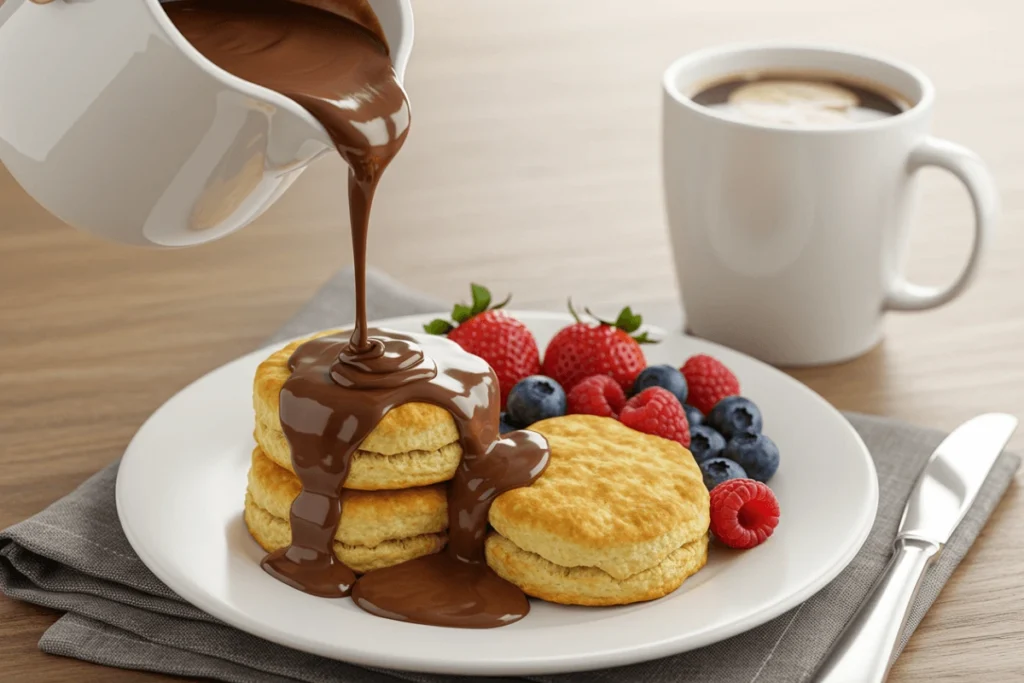 Chocolate gravy and biscuits served with whipped cream and strawberries.