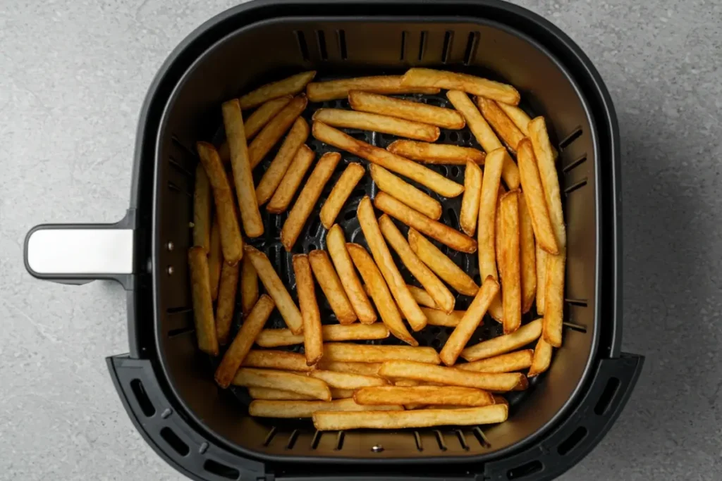 Overcrowded air fryer basket with unevenly cooked fries.