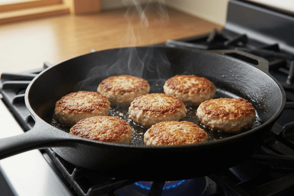 Turkey sausage patties cooking in a cast-iron skillet on the stove.