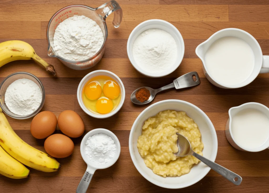 Banana waffle ingredients on a wooden counter