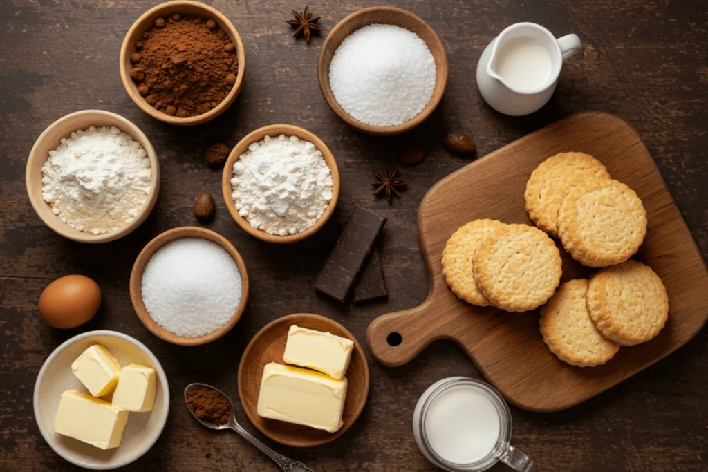 Ingredients for making chocolate gravy and biscuits, including cocoa, sugar, and butter.