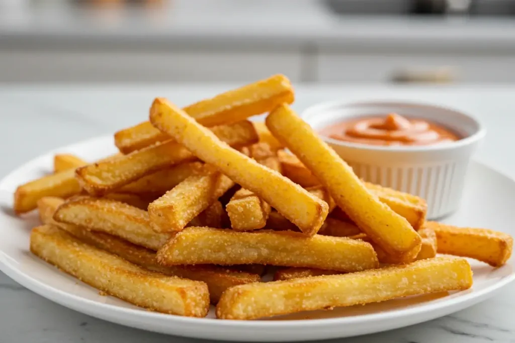 Crispy frozen French fries in air fryer served with ketchup.