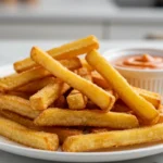 Crispy frozen French fries in air fryer served with ketchup.
