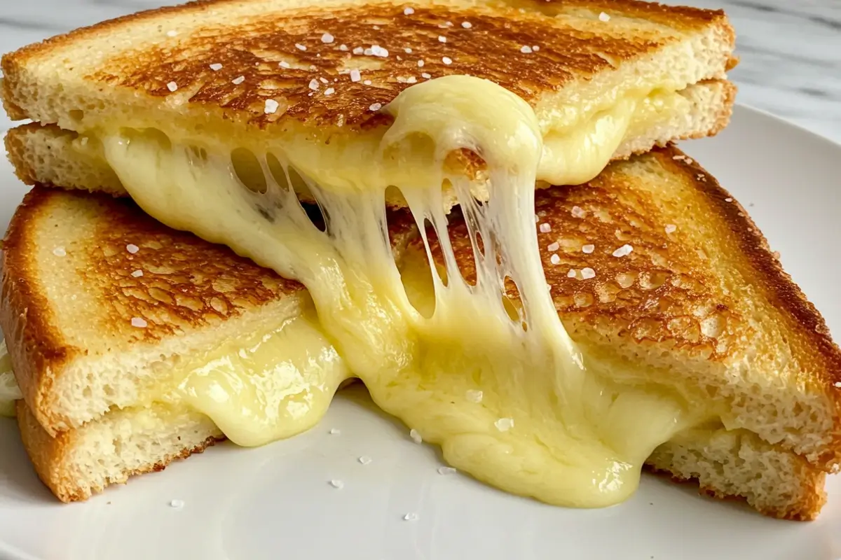 Freshly made grilled cheese in oven on a rustic wooden board