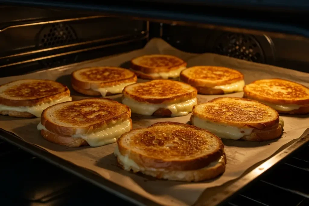 Grilled cheese in oven on a baking sheet