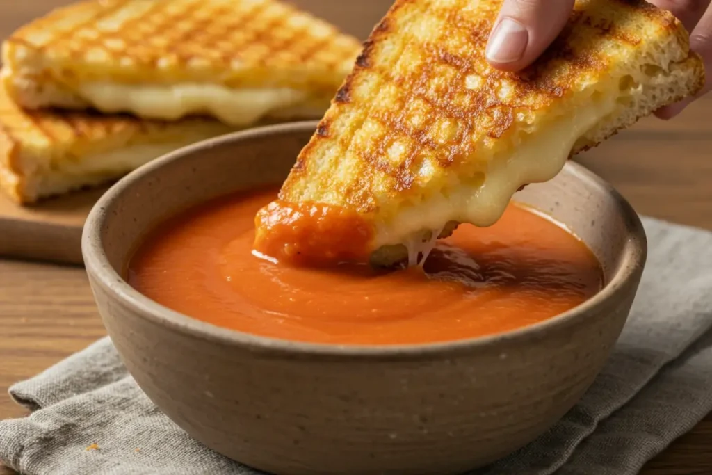 Grilled cheese in oven with tomato soup on the side