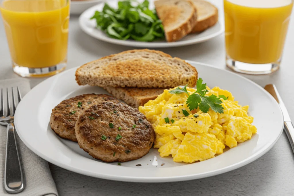 Breakfast plate with turkey sausage patties, scrambled eggs, and toast.