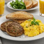 Breakfast plate with turkey sausage patties, scrambled eggs, and toast.