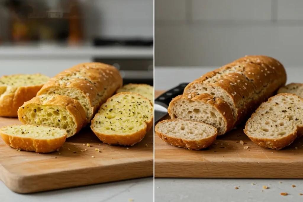 Comparing regular and healthy garlic bread options.