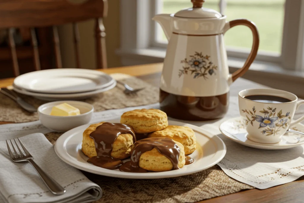 plate of warm biscuits covered in rich chocolate gravy on a rustic Southern breakfast table.