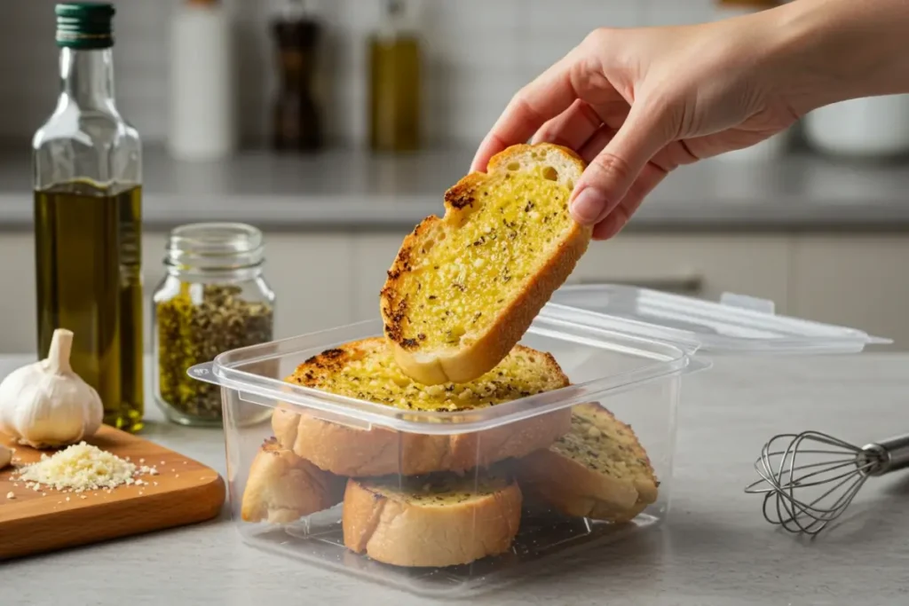 Storing crispy garlic bread in an airtight container.