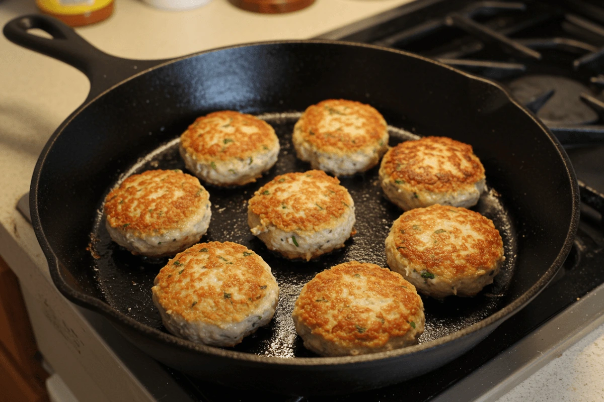 Close-up of sizzling turkey sausage patties in a cast-iron skillet.