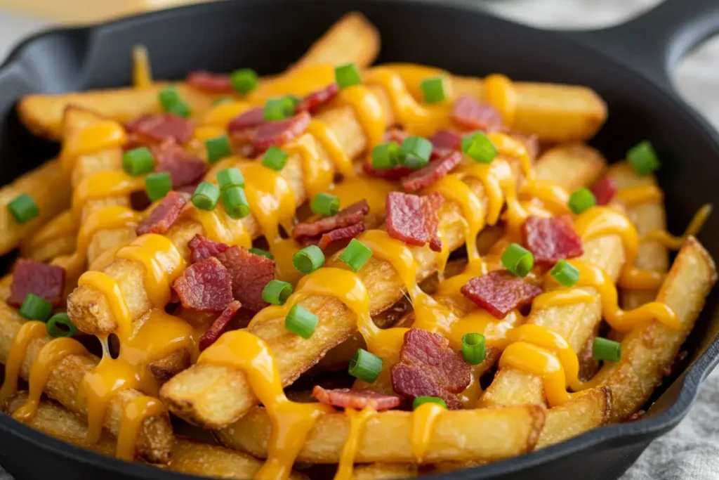 Loaded air-fried French fries with cheese and bacon.