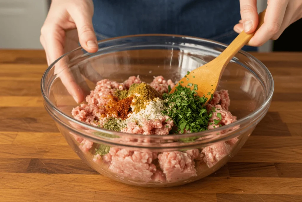 Hand mixing turkey sausage ingredients in a glass bowl.