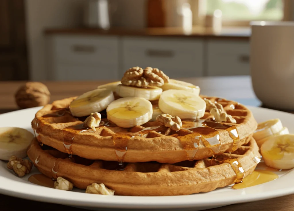 Golden, crispy banana waffles with maple syrup