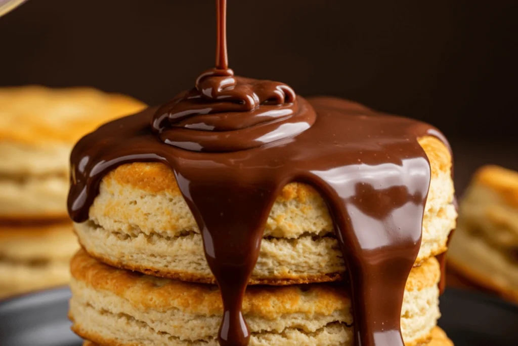 Thick chocolate gravy being poured over fluffy buttermilk biscuits.