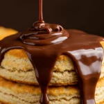 Thick chocolate gravy being poured over fluffy buttermilk biscuits.