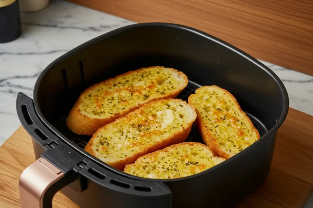 Crispy frozen garlic bread in an air fryer basket.