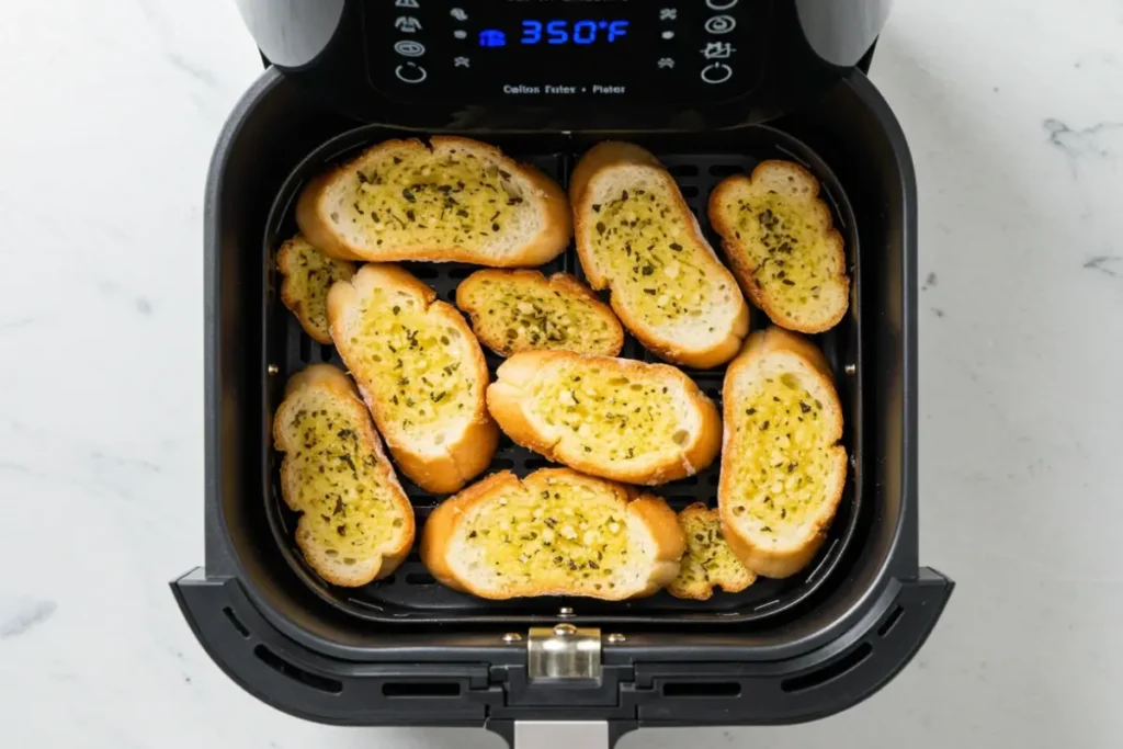 Air fryer with frozen garlic bread ready to cook.