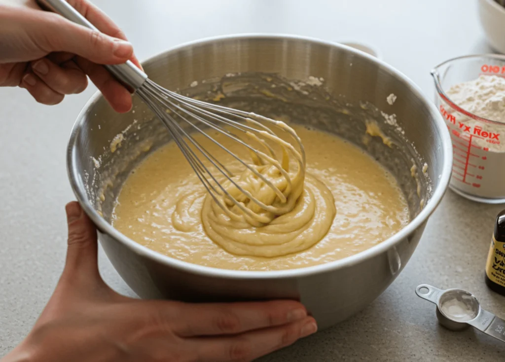 Banana waffle batter being mixed in a bowl