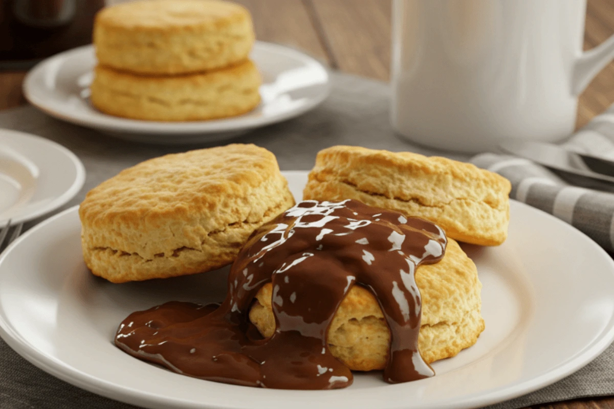 Homemade chocolate gravy and biscuits on a rustic table.