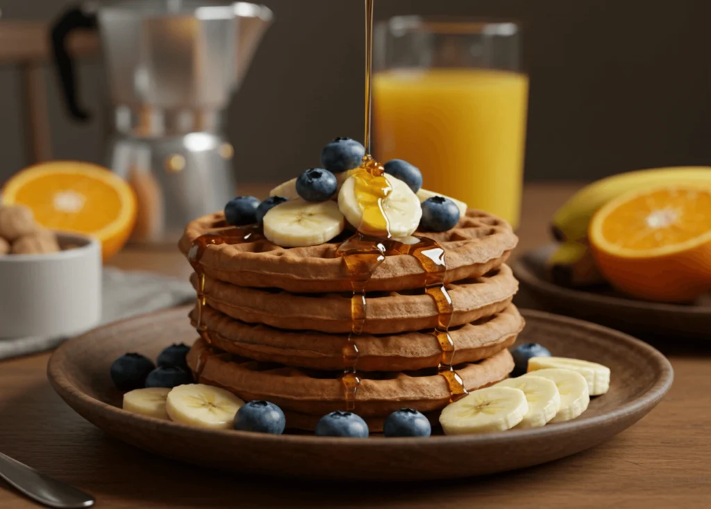 Banana waffles topped with fresh fruit and honey