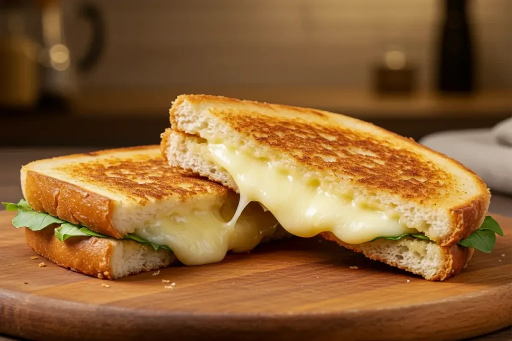 Hands pulling apart a grilled cheese sandwich, revealing gooey melted cheese