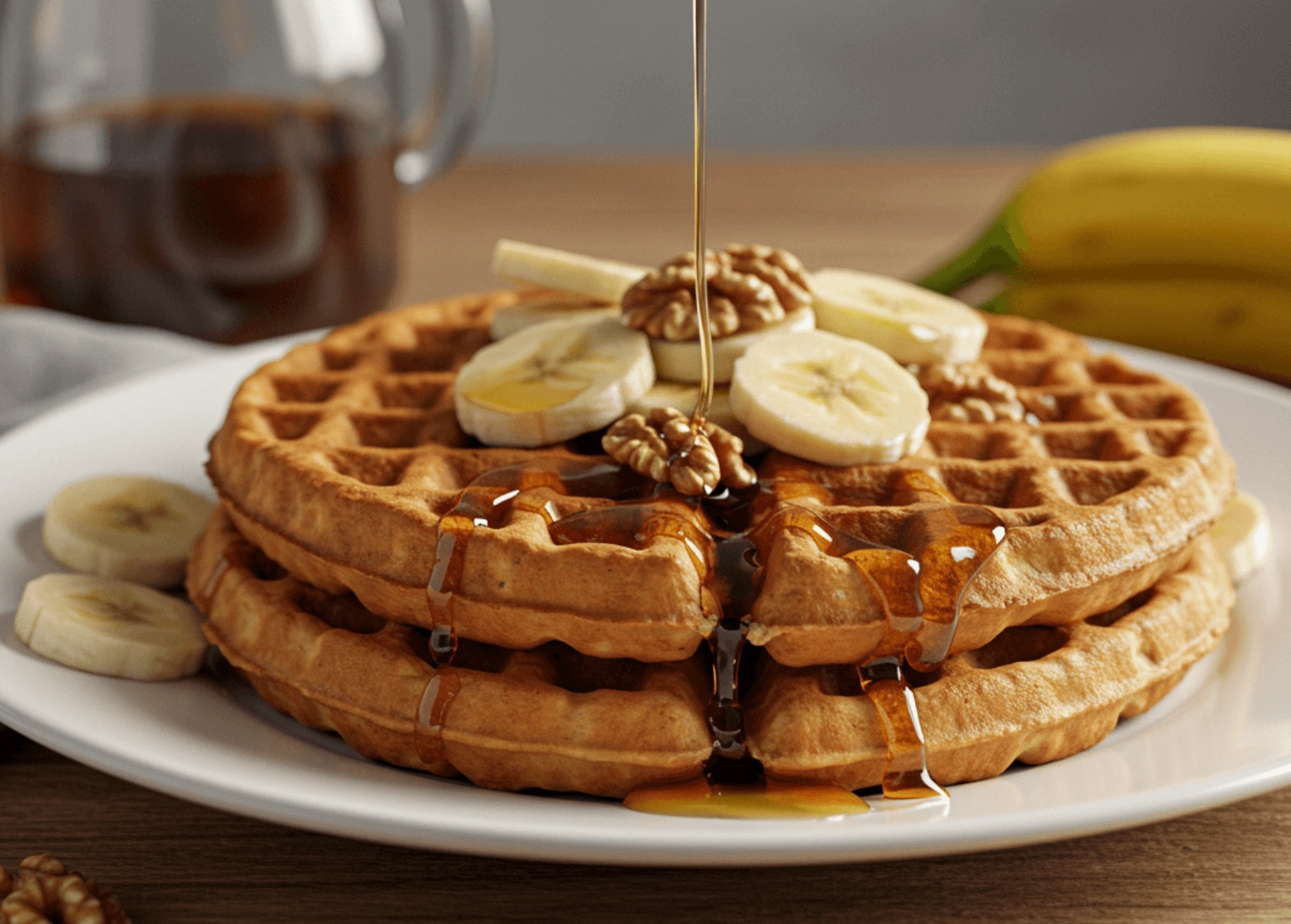 Golden, crispy banana waffles with maple syrup