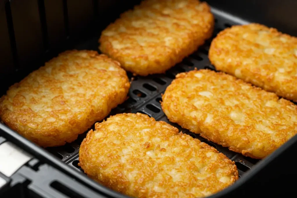 Hash browns being flipped in an air fryer basket.