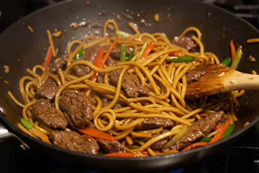 Mongolian beef noodles being tossed in a flavorful sauce in a wok.