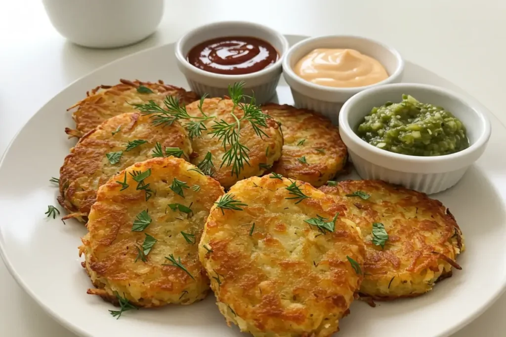 Crispy hash browns with dipping sauces on a wooden plate.