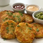 Crispy hash browns with dipping sauces on a wooden plate.