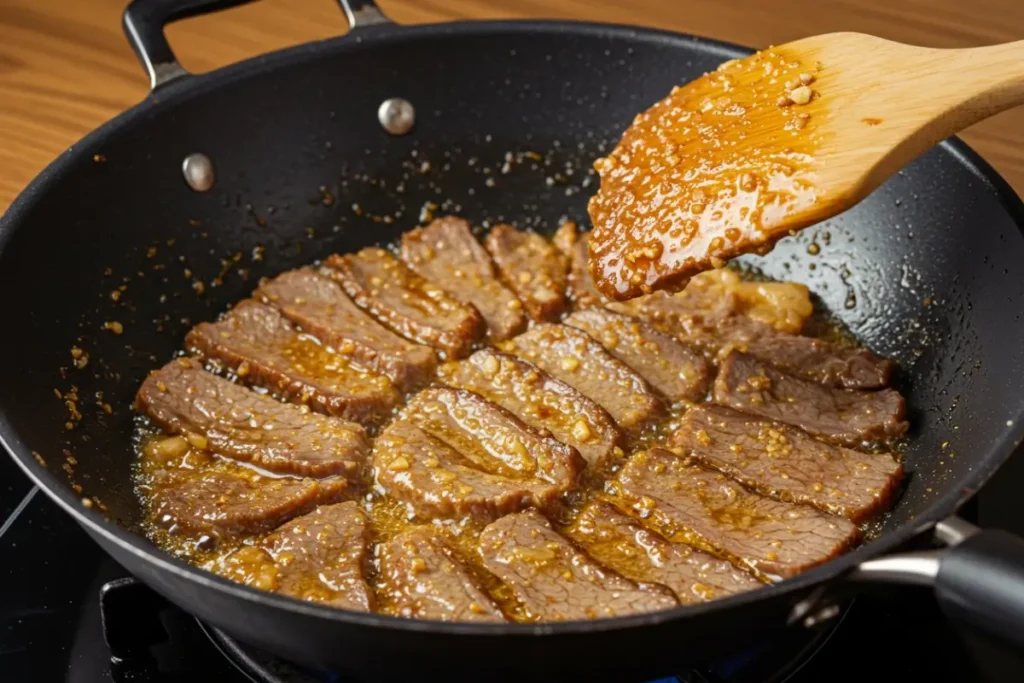 Crispy beef cooking in a wok for Mongolian beef noodles