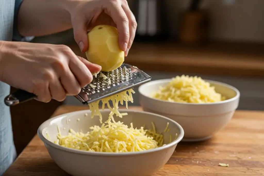 Freshly grated potatoes being prepared for air fryer hash browns.