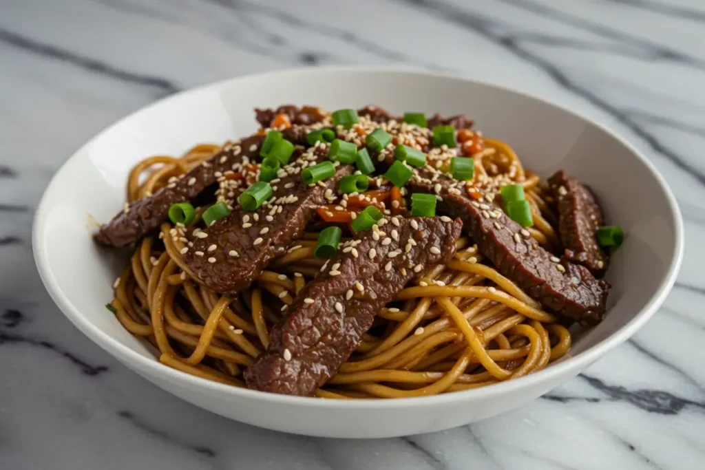 A plated serving of Mongolian beef noodles garnished with sesame seeds and green onions.