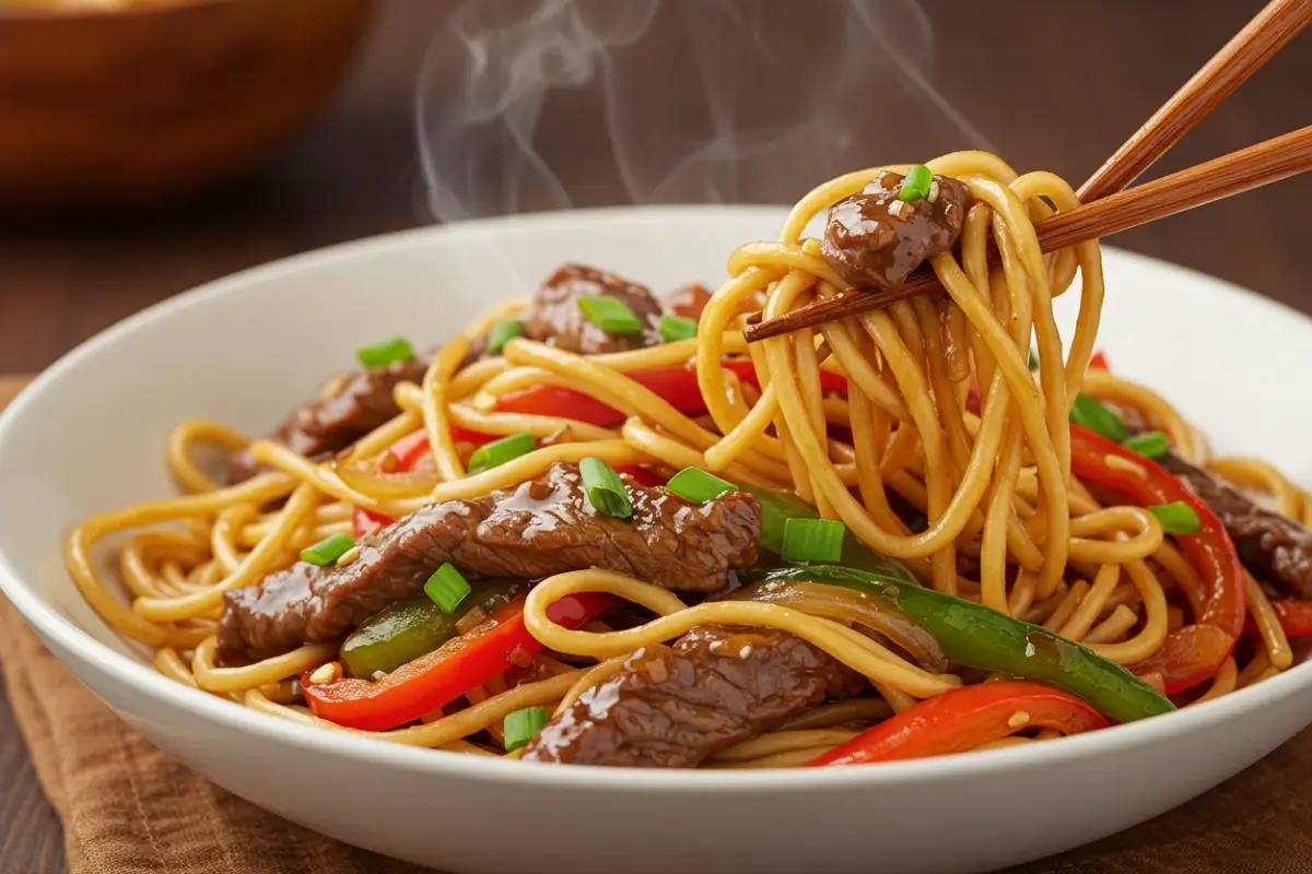 A steaming bowl of Mongolian beef noodles with beef, noodles