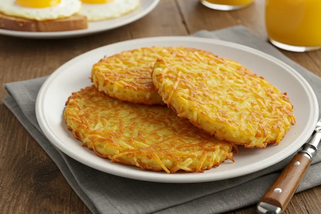 Crispy hash browns in air fryer served with eggs and toast.