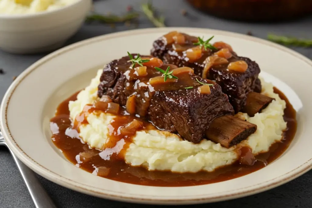 Braised beef short ribs served with mashed potatoes
