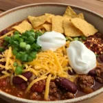 Chili topped with cheese, sour cream, and chips