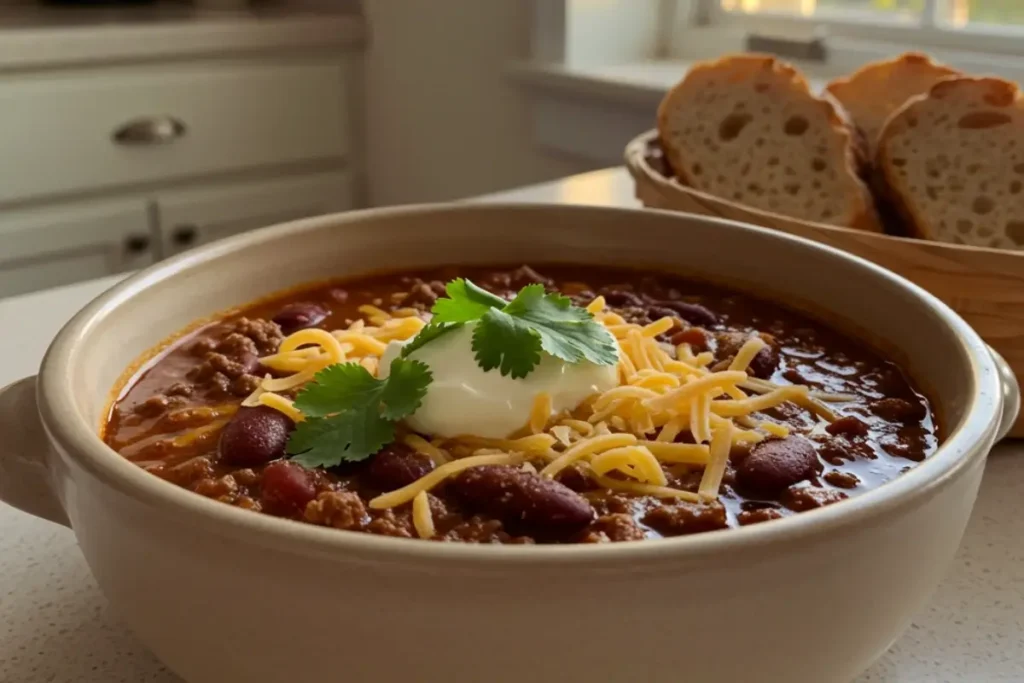 Bowl of homemade chili in a cozy kitchen